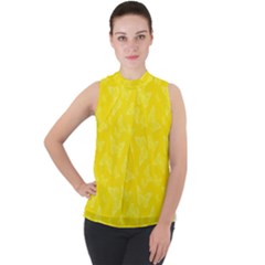 Lemon Yellow Butterfly Print Mock Neck Chiffon Sleeveless Top