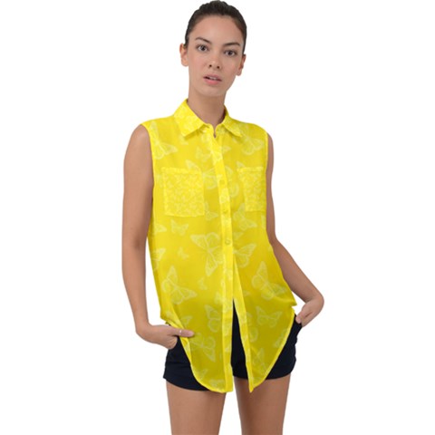 Lemon Yellow Butterfly Print Sleeveless Chiffon Button Shirt by SpinnyChairDesigns