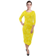 Lemon Yellow Butterfly Print Quarter Sleeve Midi Velour Bodycon Dress by SpinnyChairDesigns