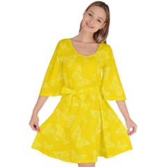 Lemon Yellow Butterfly Print Velour Kimono Dress