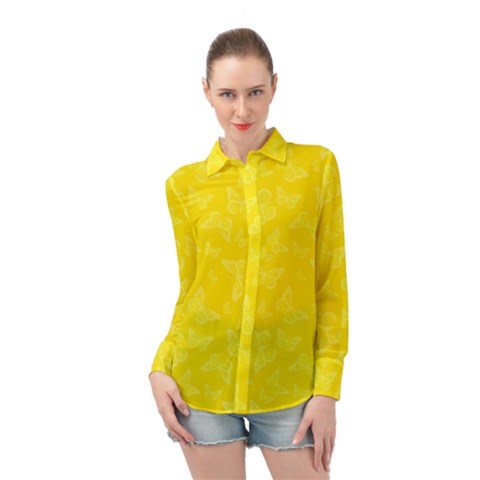 Lemon Yellow Butterfly Print Long Sleeve Chiffon Shirt by SpinnyChairDesigns