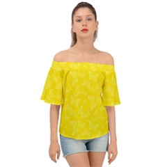 Lemon Yellow Butterfly Print Off Shoulder Short Sleeve Top