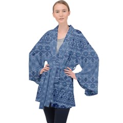 Boho Denim Blue Long Sleeve Velvet Kimono  by SpinnyChairDesigns