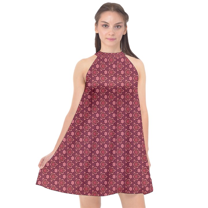 Boho Wine Floral Print Halter Neckline Chiffon Dress 