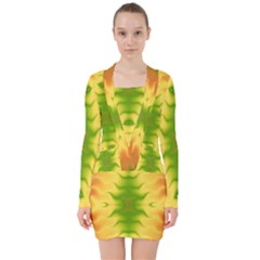 Lemon Lime Tie Dye V-neck Bodycon Long Sleeve Dress by SpinnyChairDesigns