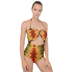 Red Gold Tie Dye Scallop Top Cut Out Swimsuit by SpinnyChairDesigns