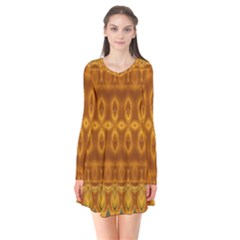 Boho Honey Gold Long Sleeve V-neck Flare Dress by SpinnyChairDesigns