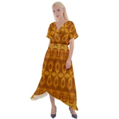 Boho Honey Gold Cross Front Sharkbite Hem Maxi Dress by SpinnyChairDesigns