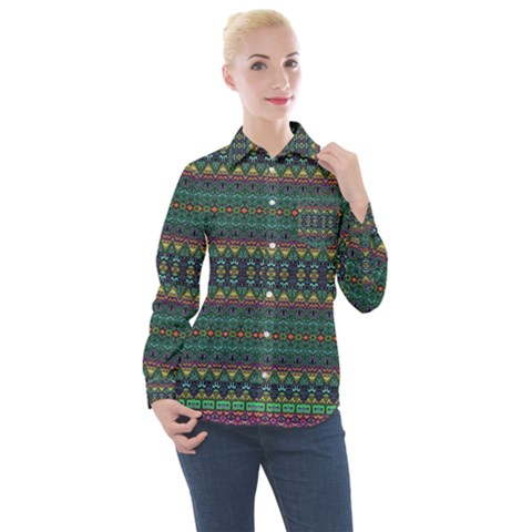 Boho Summer Green Women s Long Sleeve Pocket Shirt by SpinnyChairDesigns