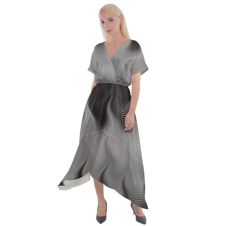 Abstract Black Grey Cross Front Sharkbite Hem Maxi Dress