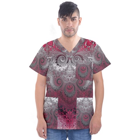 Black Pink Spirals And Swirls Men s V-neck Scrub Top by SpinnyChairDesigns