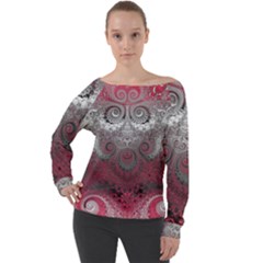 Black Pink Spirals And Swirls Off Shoulder Long Sleeve Velour Top by SpinnyChairDesigns