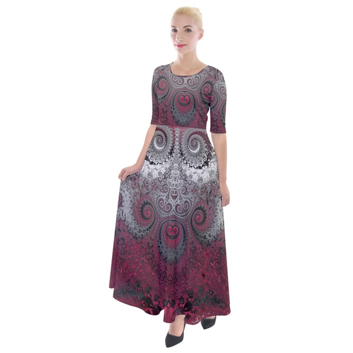 Black Pink Spirals and Swirls Half Sleeves Maxi Dress