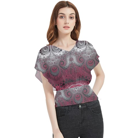 Black Pink Spirals And Swirls Butterfly Chiffon Blouse by SpinnyChairDesigns