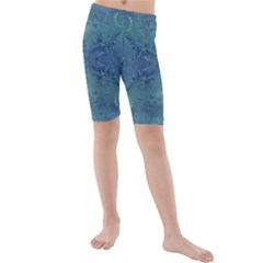 Teal Spirals And Swirls Kids  Mid Length Swim Shorts by SpinnyChairDesigns