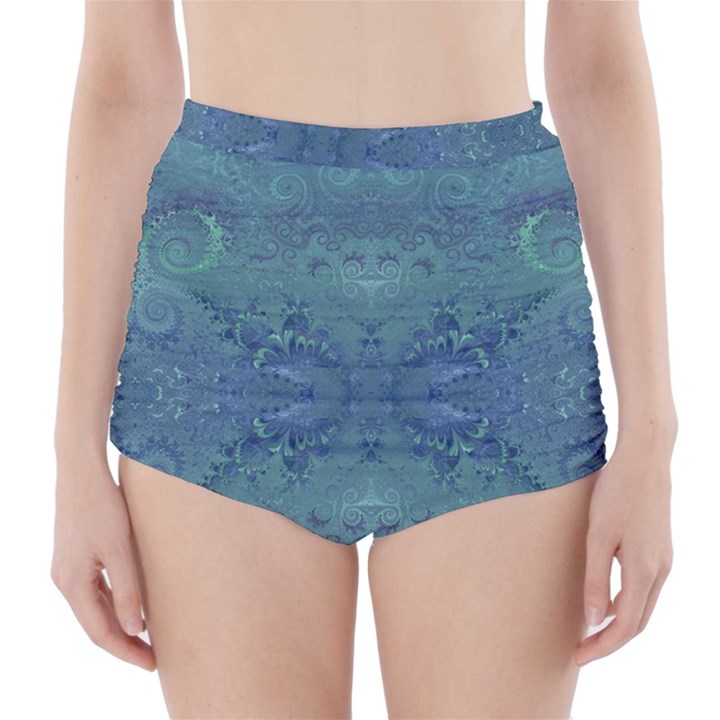 Teal Spirals and Swirls High-Waisted Bikini Bottoms