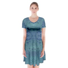 Teal Spirals And Swirls Short Sleeve V-neck Flare Dress by SpinnyChairDesigns