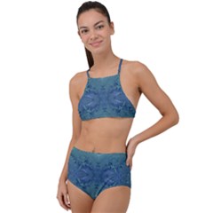 Teal Spirals And Swirls High Waist Tankini Set by SpinnyChairDesigns