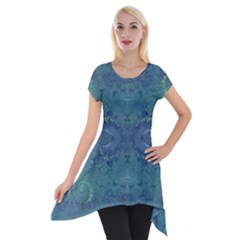 Teal Spirals And Swirls Short Sleeve Side Drop Tunic by SpinnyChairDesigns