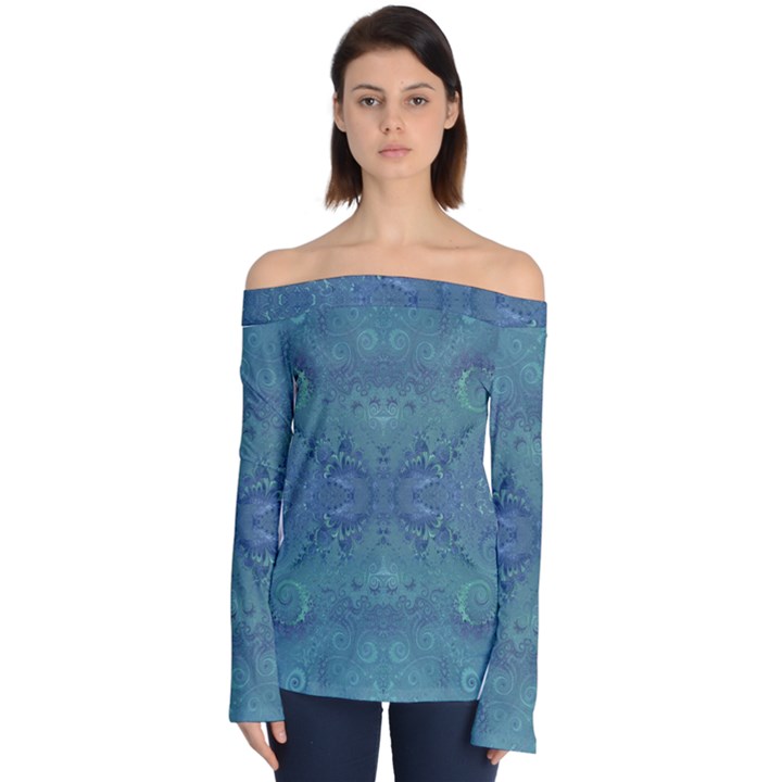 Teal Spirals and Swirls Off Shoulder Long Sleeve Top