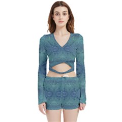 Teal Spirals And Swirls Velvet Wrap Crop Top