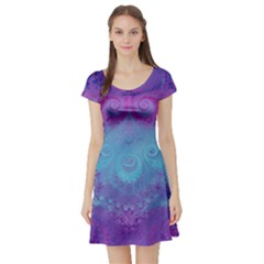 Purple Blue Swirls And Spirals Short Sleeve Skater Dress by SpinnyChairDesigns