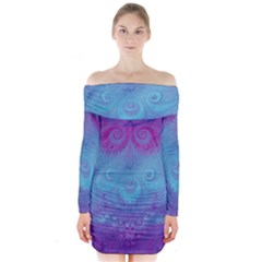 Purple Blue Swirls And Spirals Long Sleeve Off Shoulder Dress by SpinnyChairDesigns