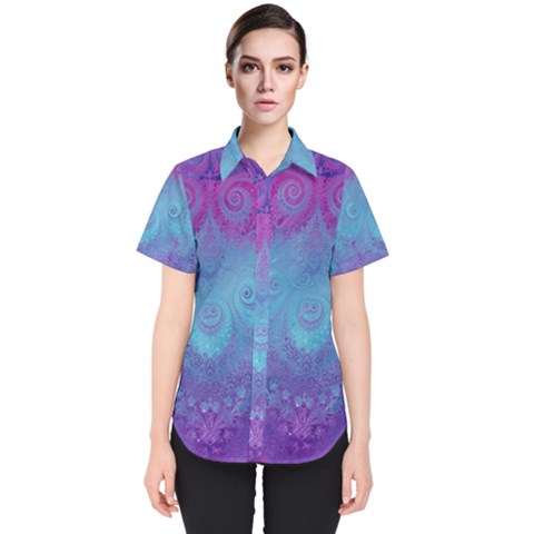 Purple Blue Swirls And Spirals Women s Short Sleeve Shirt by SpinnyChairDesigns