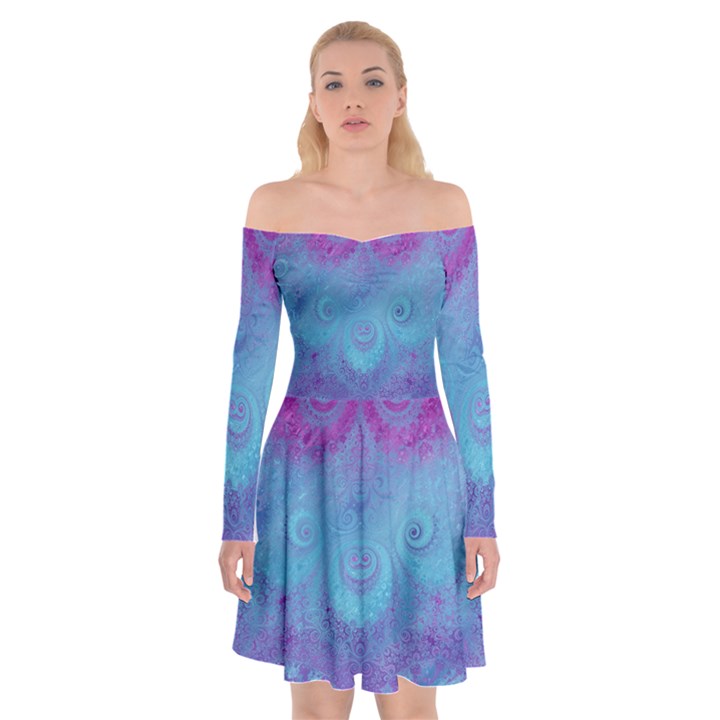 Purple Blue Swirls and Spirals Off Shoulder Skater Dress