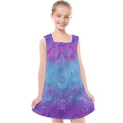 Purple Blue Swirls And Spirals Kids  Cross Back Dress by SpinnyChairDesigns