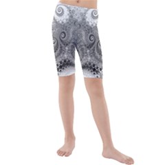 Black And White Spirals Kids  Mid Length Swim Shorts by SpinnyChairDesigns