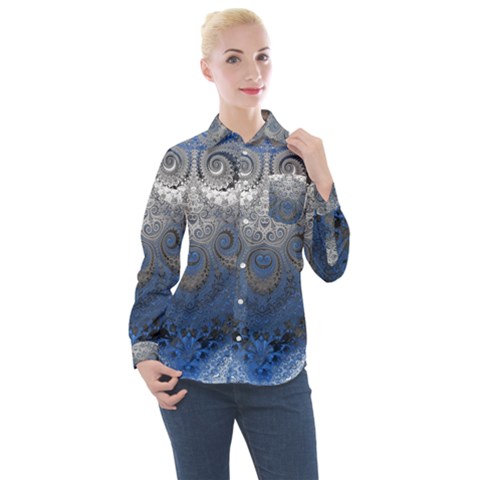 Blue Swirls And Spirals Women s Long Sleeve Pocket Shirt by SpinnyChairDesigns