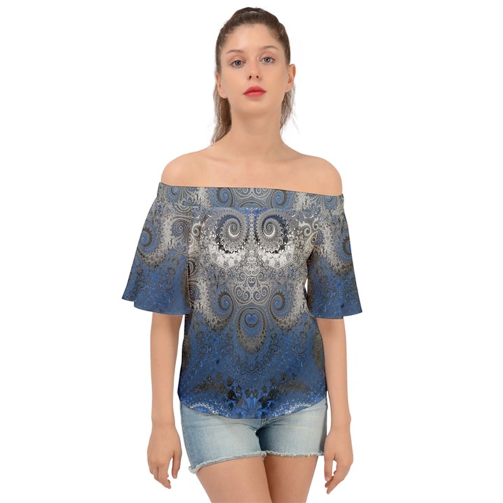 Blue Swirls and Spirals Off Shoulder Short Sleeve Top