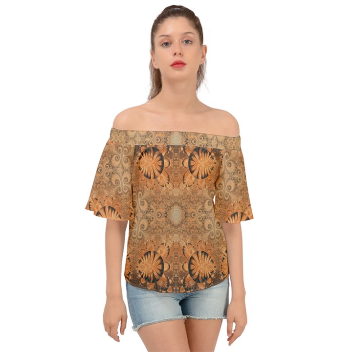 Rustic Orange Swirls Off Shoulder Short Sleeve Top