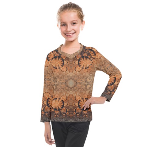 Rustic Orange Swirls Kids  Long Mesh Tee by SpinnyChairDesigns