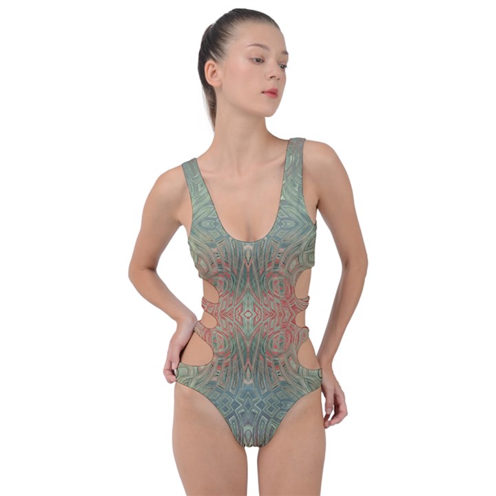 Peach Green Texture Side Cut Out Swimsuit