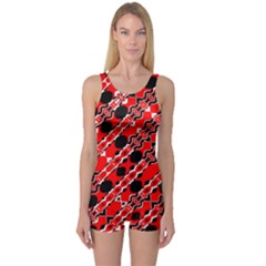 Abstract Red Black Checkered One Piece Boyleg Swimsuit by SpinnyChairDesigns