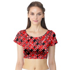 Abstract Red Black Checkered Short Sleeve Crop Top by SpinnyChairDesigns