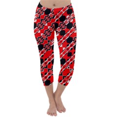 Abstract Red Black Checkered Capri Winter Leggings  by SpinnyChairDesigns