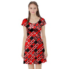 Abstract Red Black Checkered Short Sleeve Skater Dress by SpinnyChairDesigns