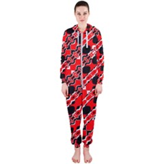 Abstract Red Black Checkered Hooded Jumpsuit (ladies)  by SpinnyChairDesigns