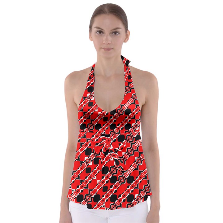 Abstract Red Black Checkered Babydoll Tankini Top