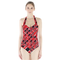 Abstract Red Black Checkered Halter Swimsuit