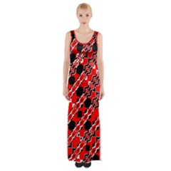 Abstract Red Black Checkered Thigh Split Maxi Dress by SpinnyChairDesigns