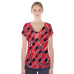 Abstract Red Black Checkered Short Sleeve Front Detail Top by SpinnyChairDesigns