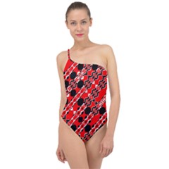 Abstract Red Black Checkered Classic One Shoulder Swimsuit by SpinnyChairDesigns