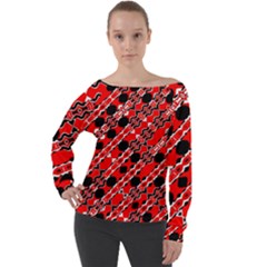 Abstract Red Black Checkered Off Shoulder Long Sleeve Velour Top by SpinnyChairDesigns