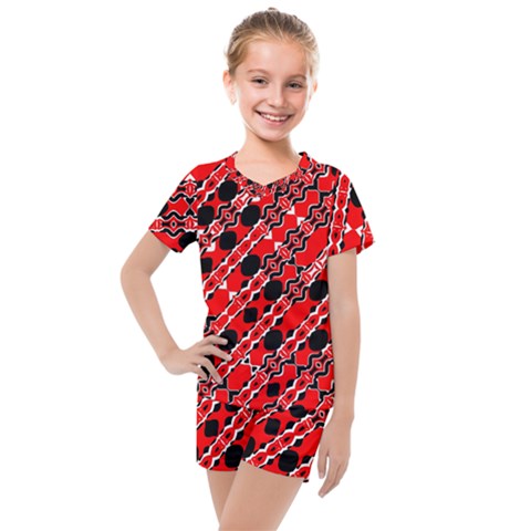 Abstract Red Black Checkered Kids  Mesh Tee And Shorts Set by SpinnyChairDesigns