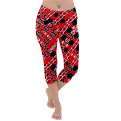 Abstract Red Black Checkered Lightweight Velour Capri Yoga Leggings by SpinnyChairDesigns