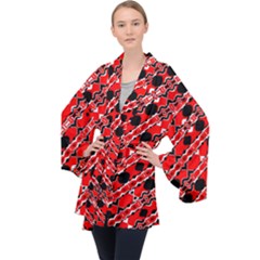 Abstract Red Black Checkered Long Sleeve Velvet Kimono  by SpinnyChairDesigns